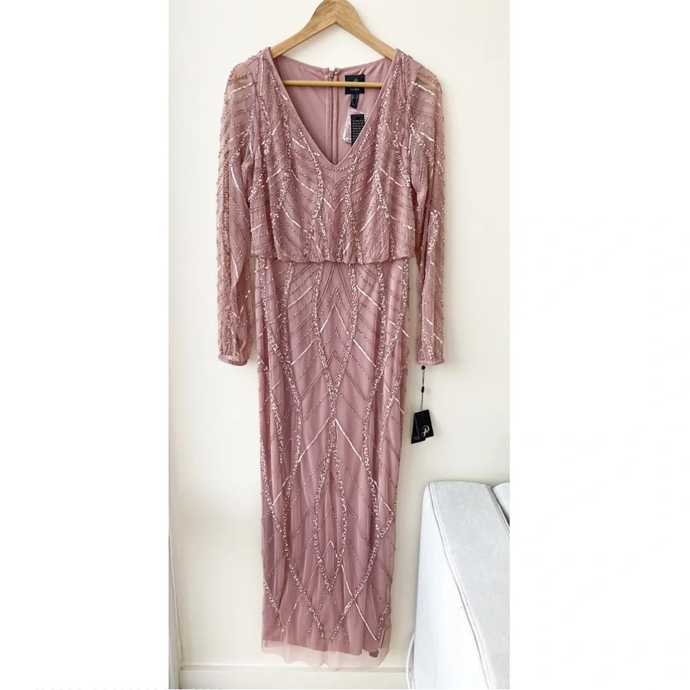 Adrianna Papell Pink Beaded Long Sleeve Gown - Picture 3 of 9